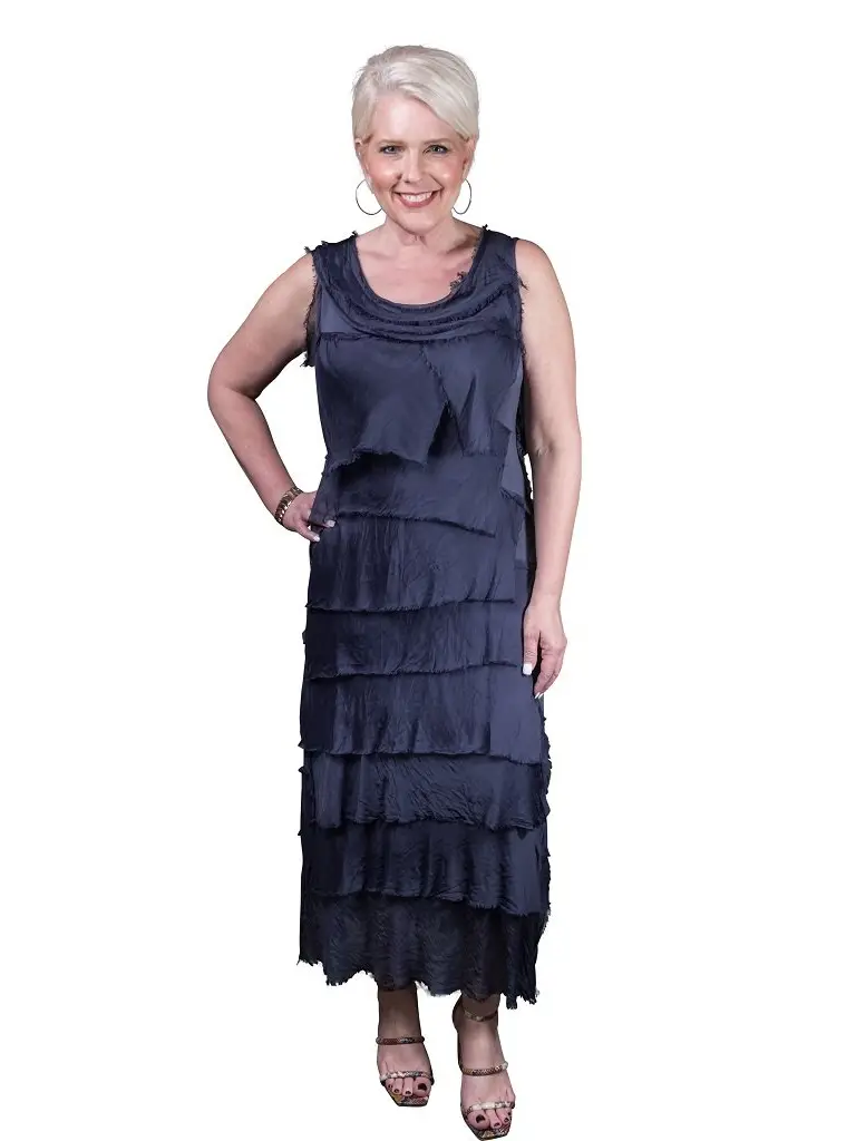 Aleena Silk Maxi Ruffle-Navy