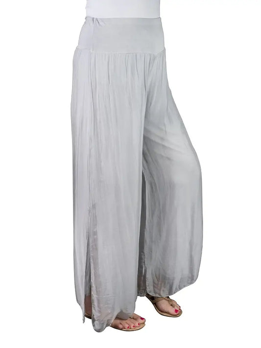 Eva Silk Side Slit Pant -Pearl