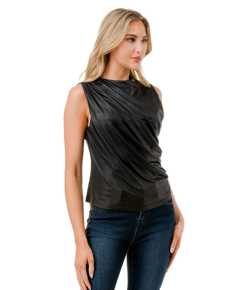 Ruched Faux Leather Hi Neck Top