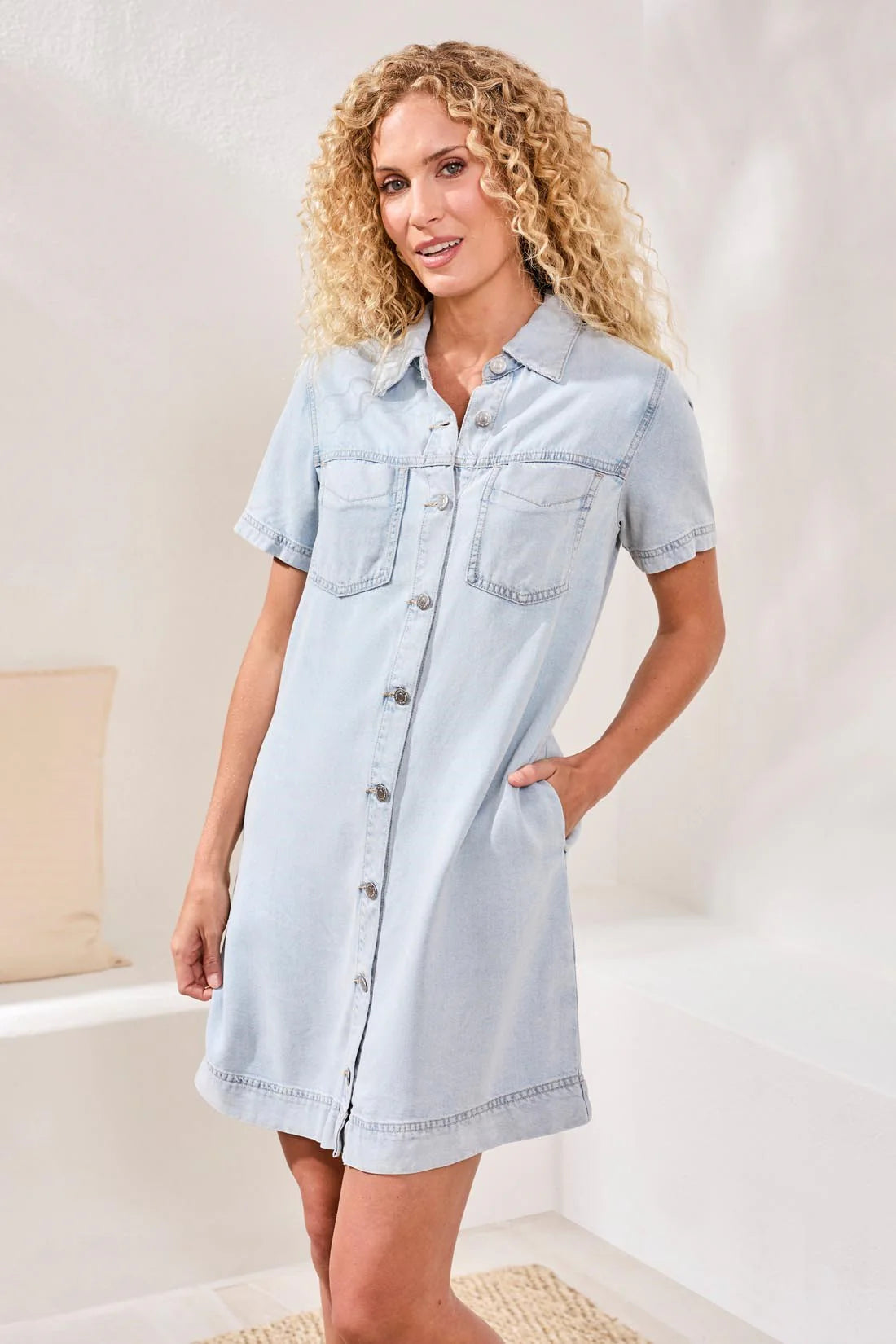 Button Front Denim Tencel Shift Dress