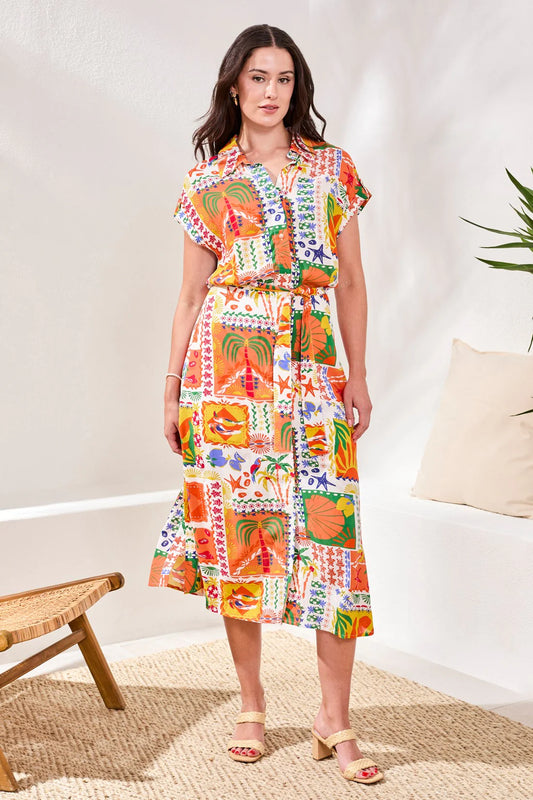 Button Front Belted Midi Dress