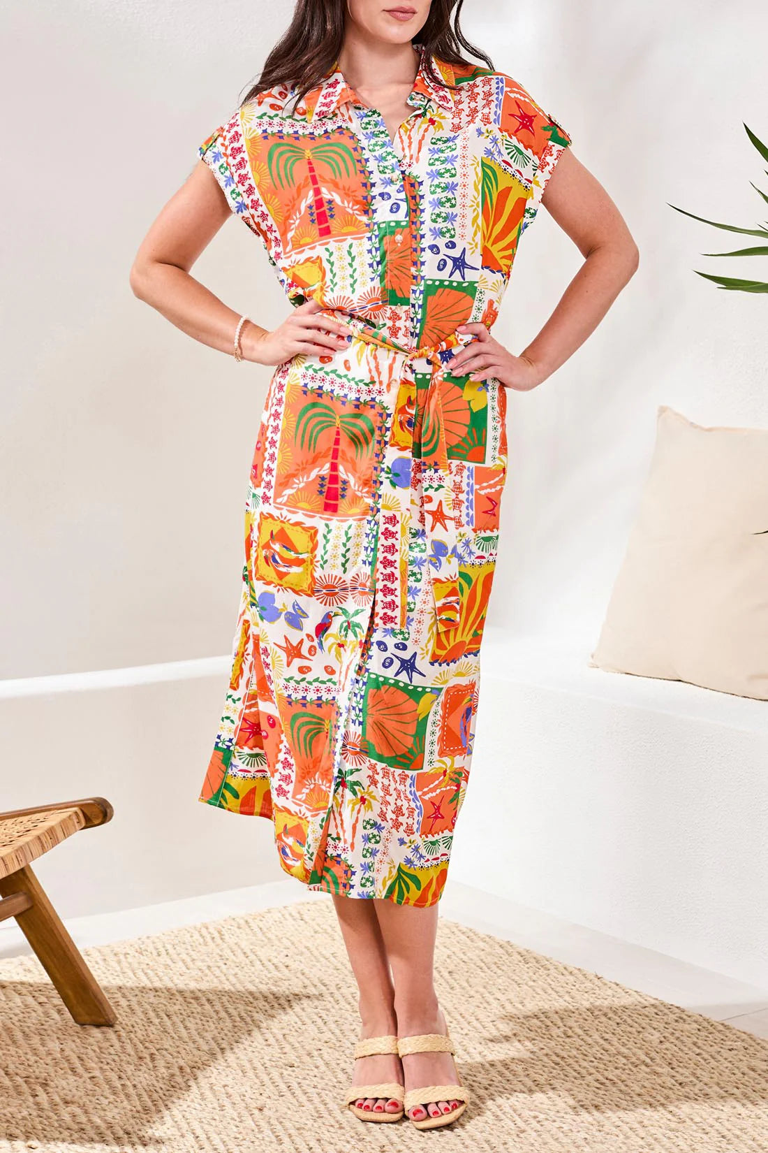 Button Front Belted Midi Dress
