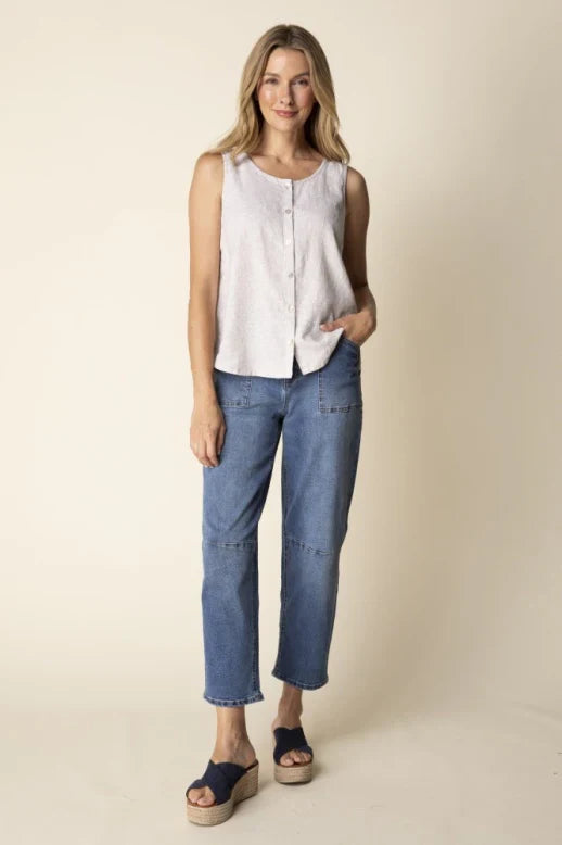 Linen Pleat Back Button Tank