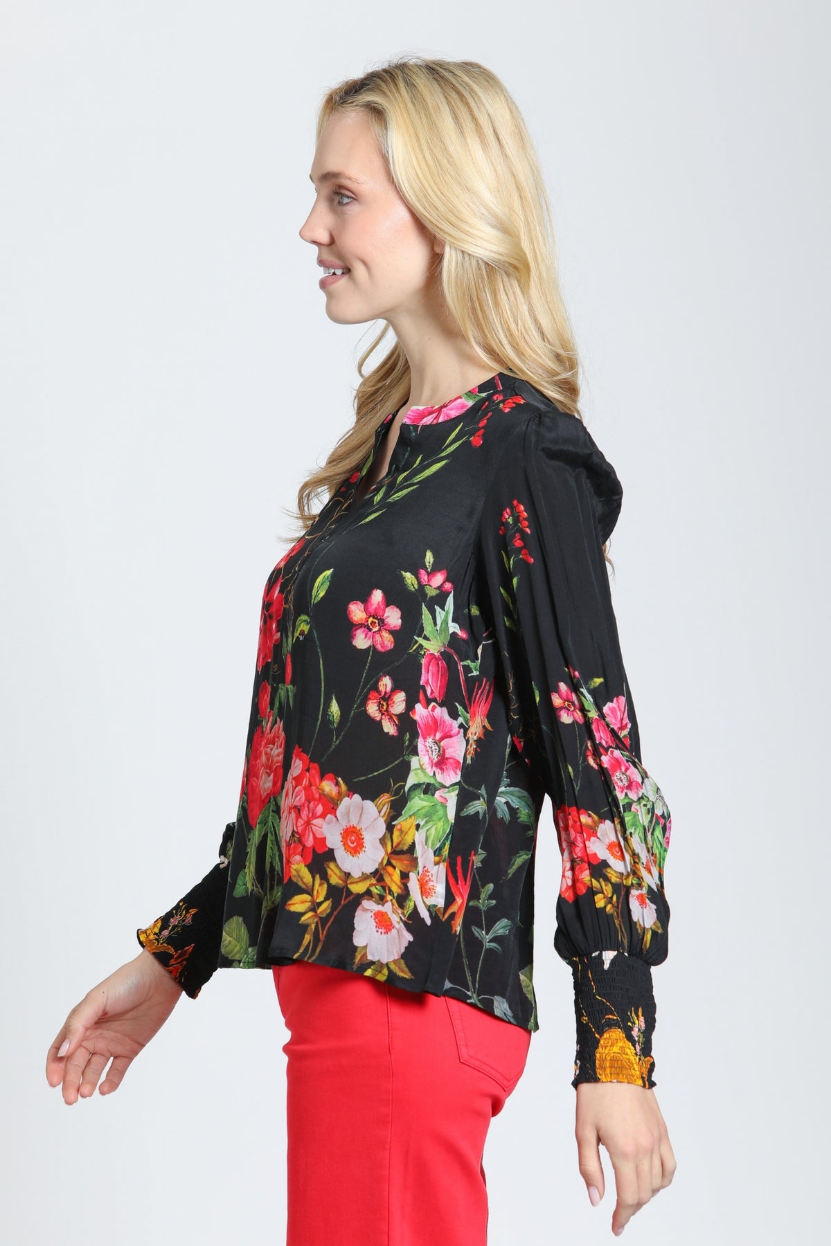 Split Neck Top with Smocked Cuffs