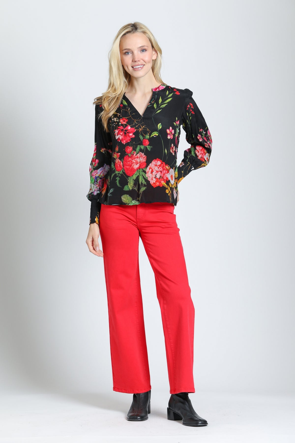 Split Neck Top with Smocked Cuffs