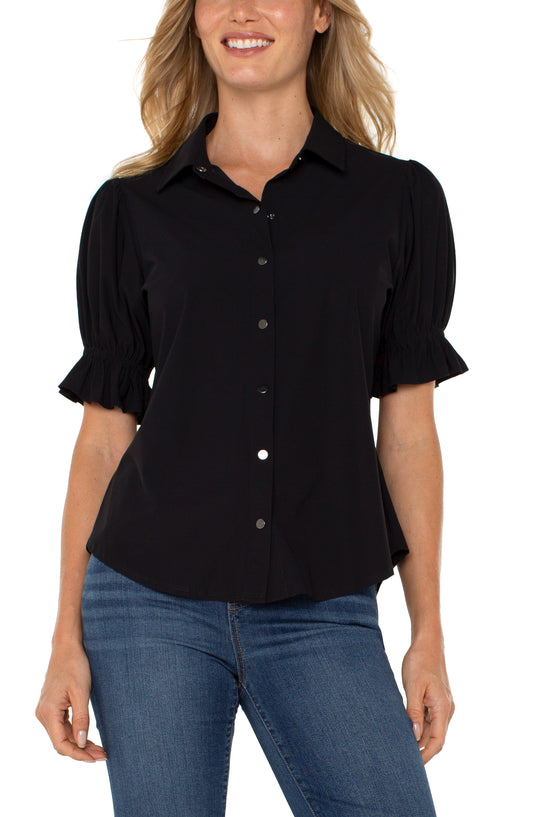 Elbow Puff Sleeve Snap Front Shirt