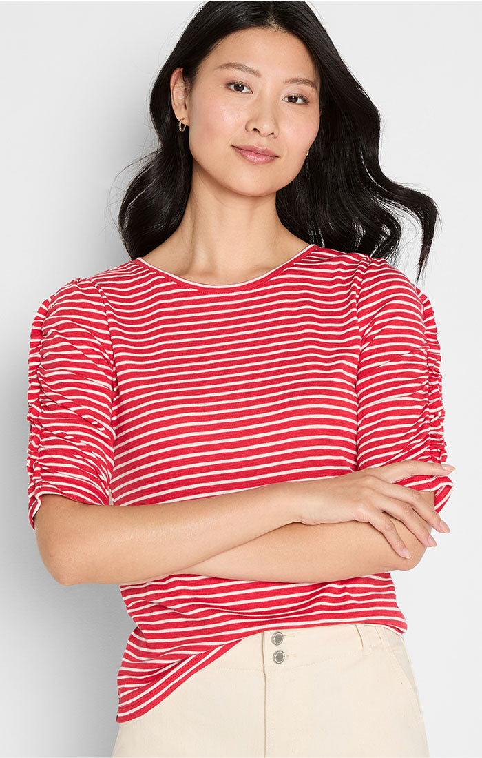 Striped Ruched Elbow Sleeve Tee