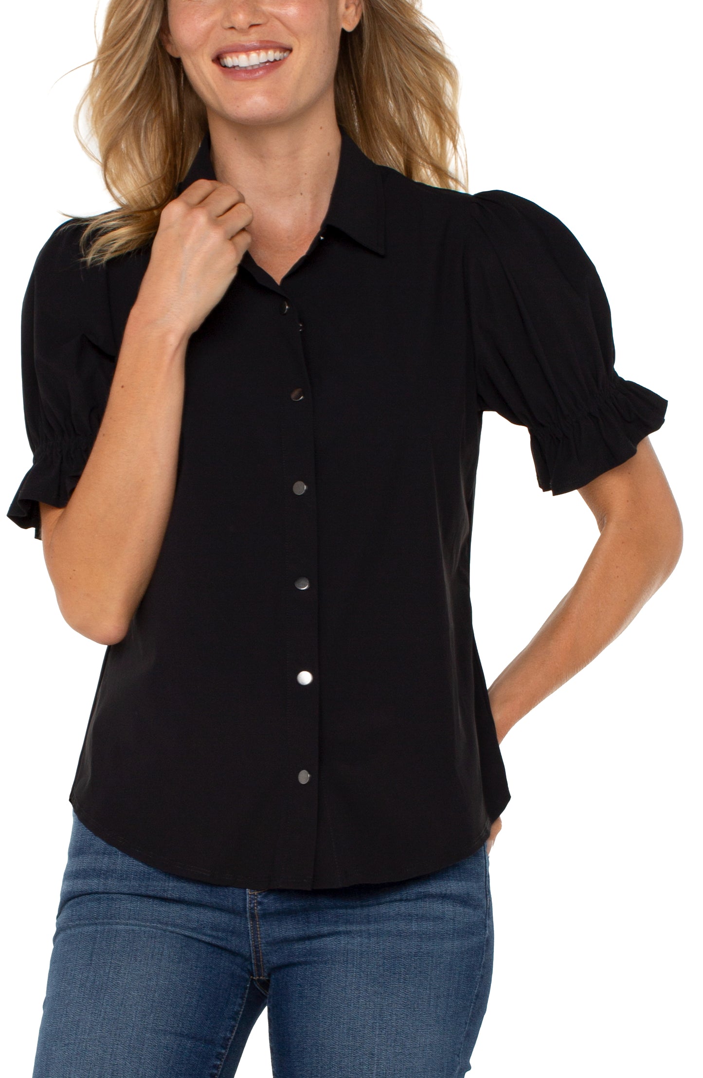 Elbow Puff Sleeve Snap Front Shirt