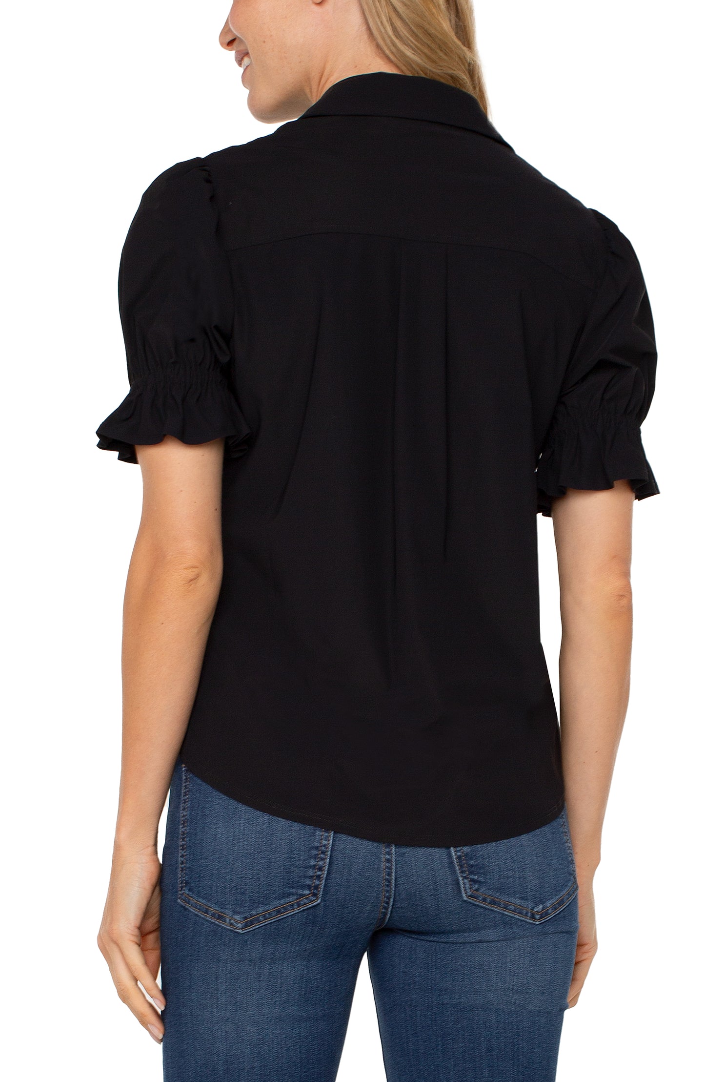 Elbow Puff Sleeve Snap Front Shirt