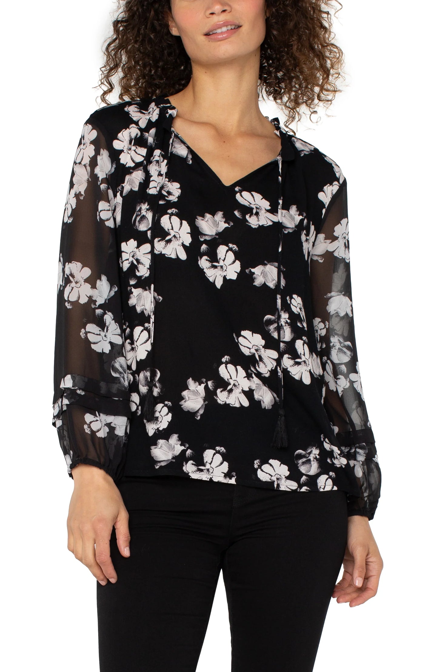 Long Sleeve Popover Shirred Woven Blouse