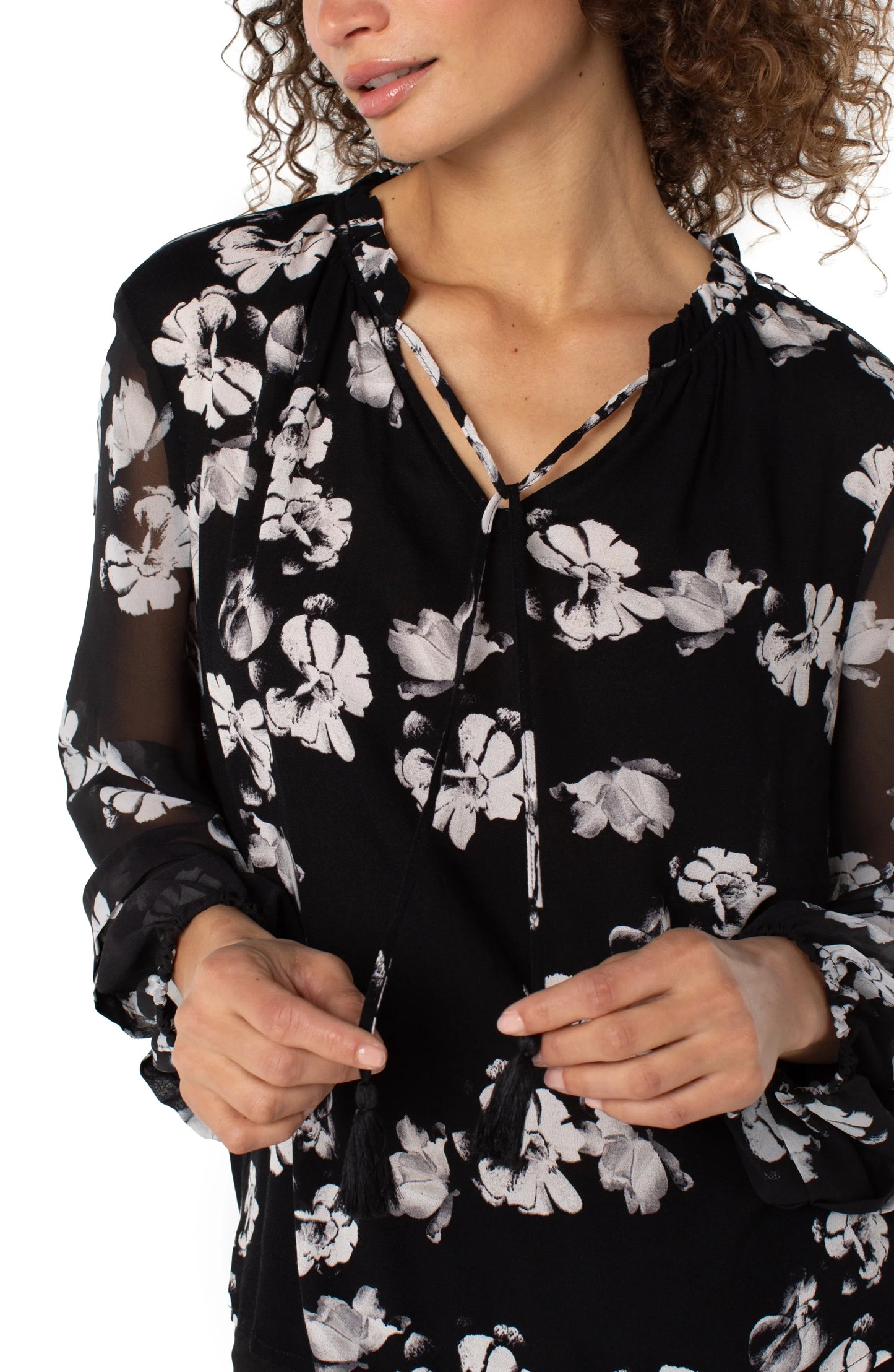 Long Sleeve Popover Shirred Woven Blouse