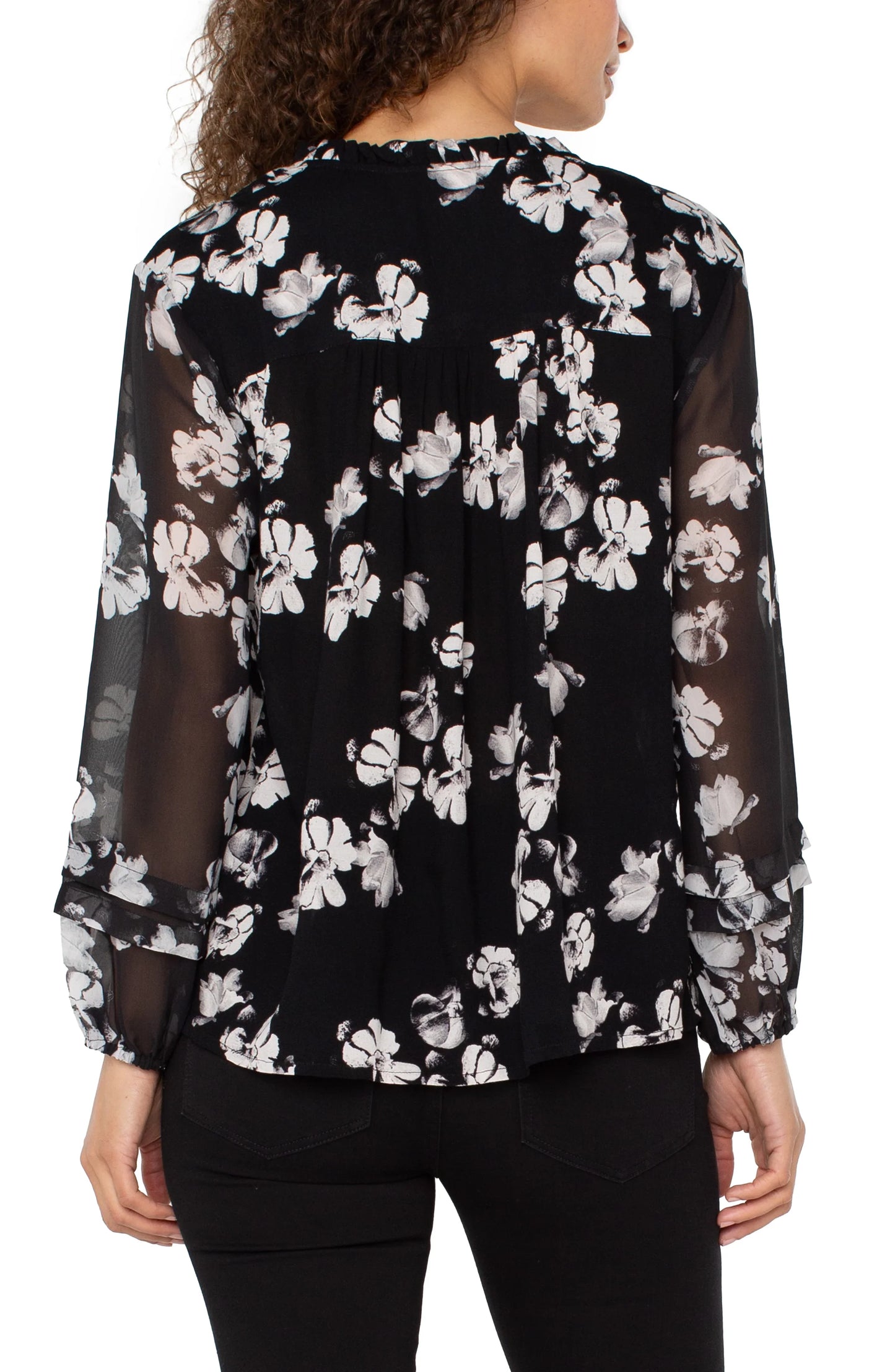 Long Sleeve Popover Shirred Woven Blouse