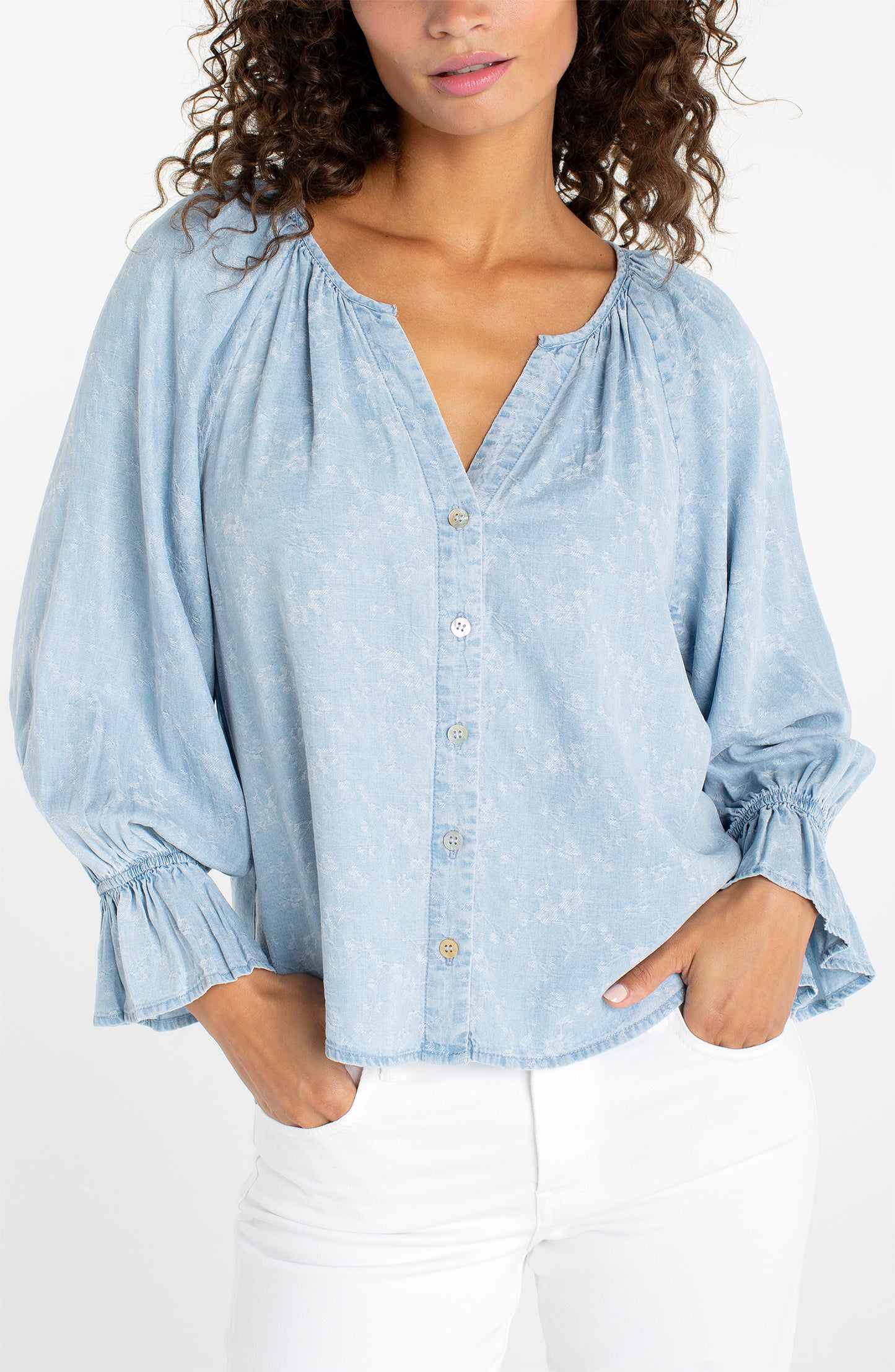 3/4 Sleeve Button Front Shirred Blouse