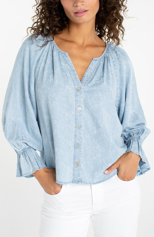 3/4 Sleeve Button Front Shirred Blouse