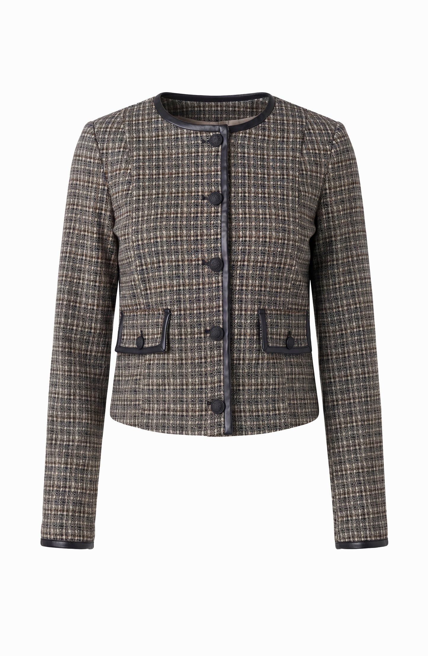 Collarless Lady Jacket with  Faux Leather Trim