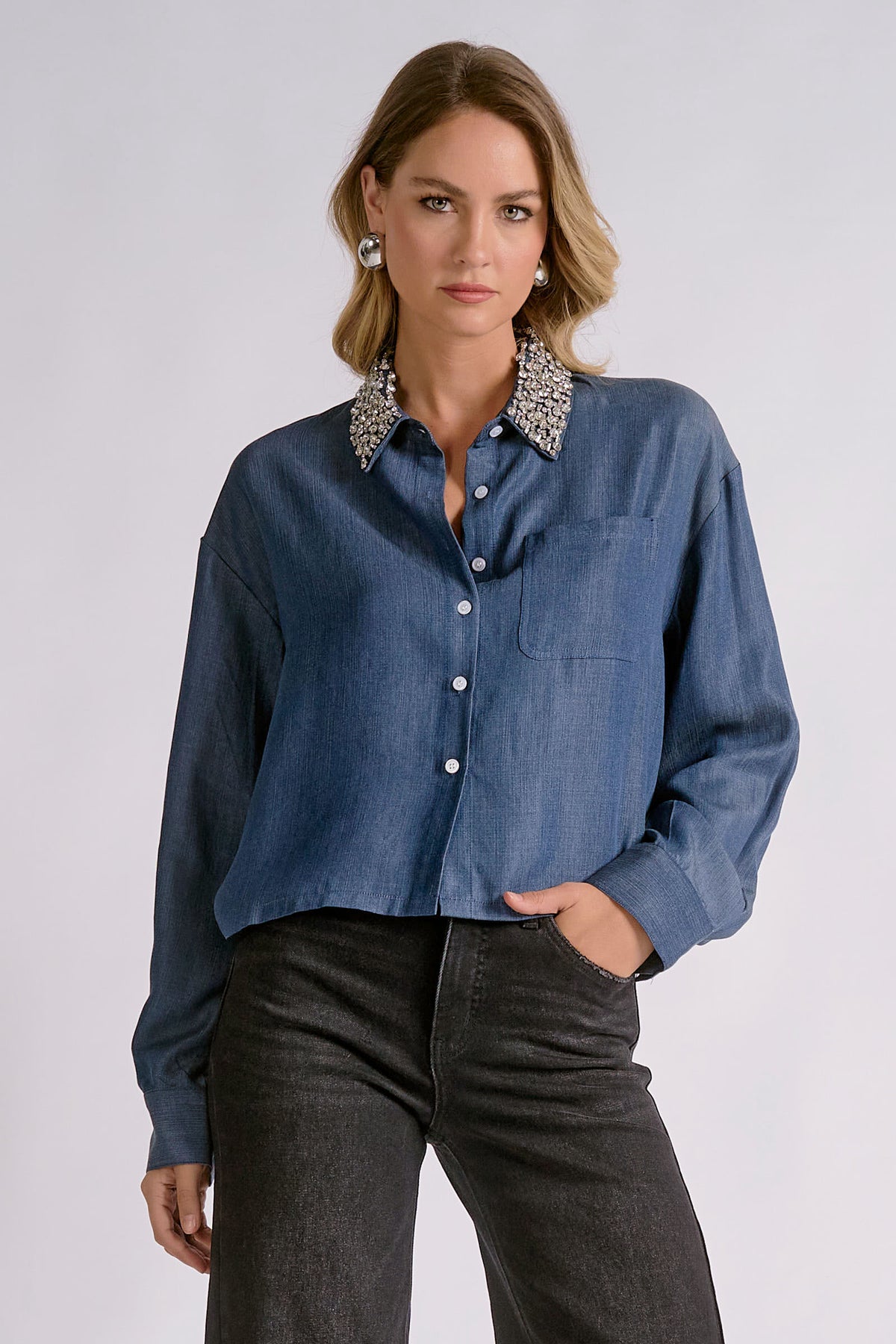 Denim Blouse with Crystal Detail Collar
