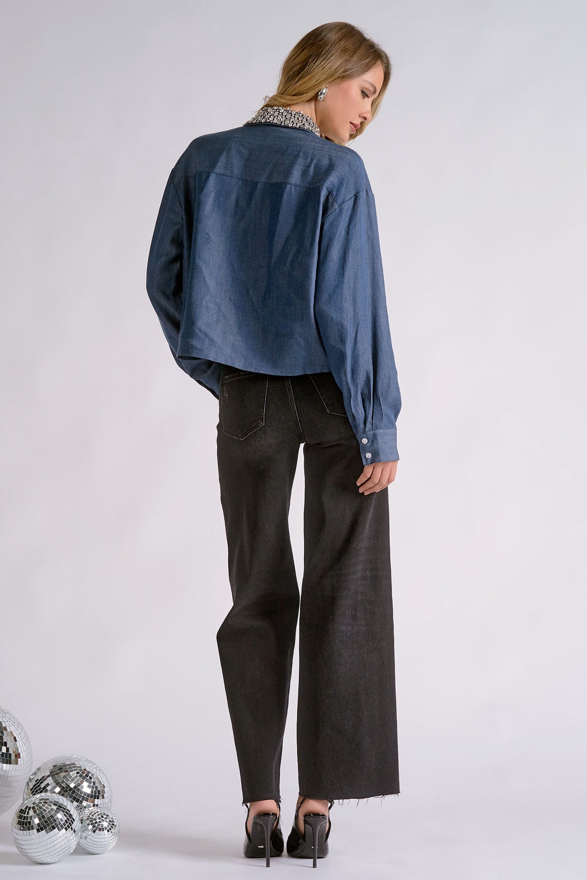 Denim Blouse with Crystal Detail Collar