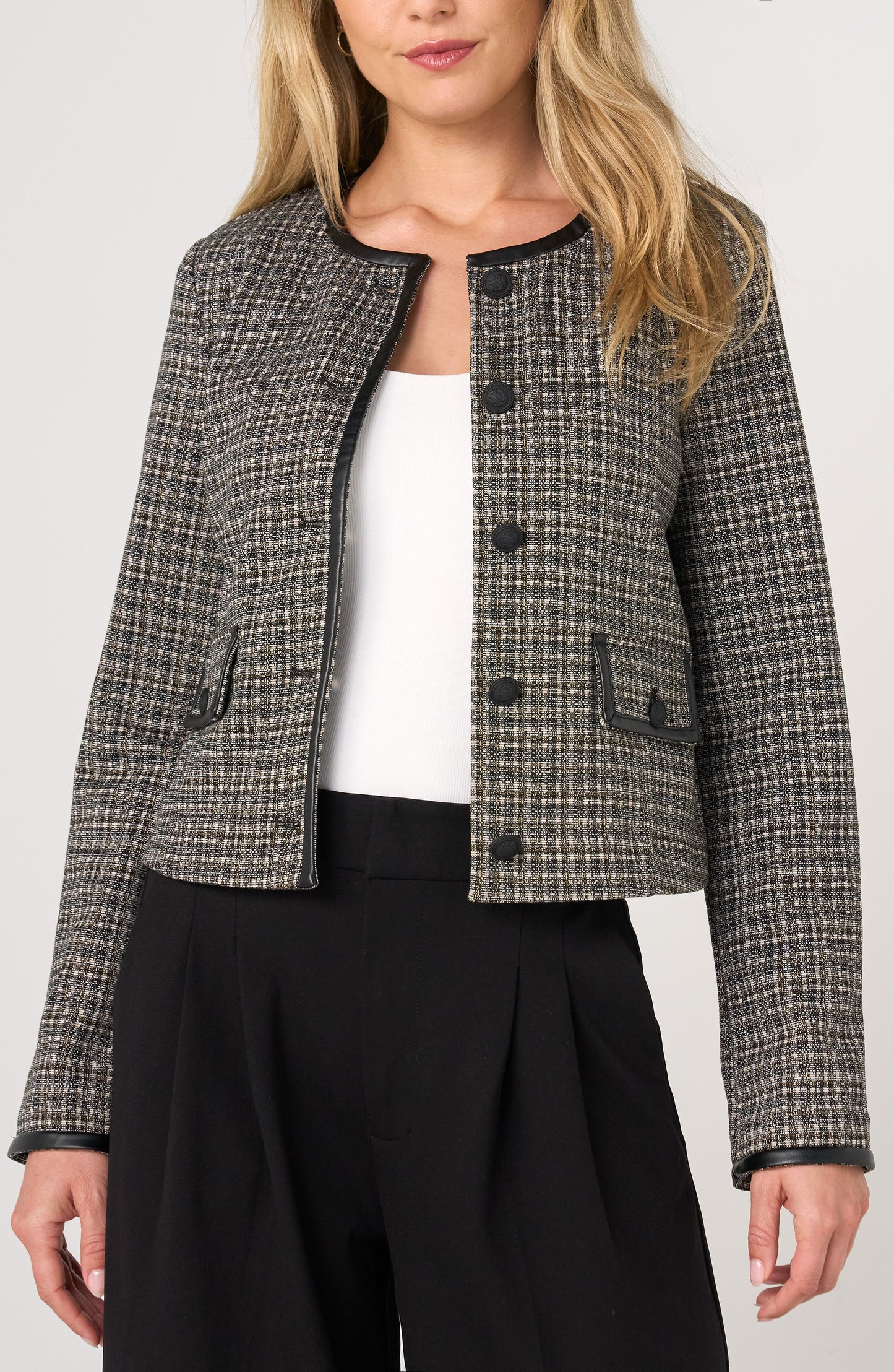 Collarless Lady Jacket with  Faux Leather Trim