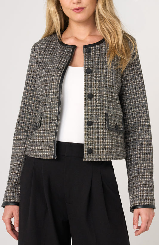 Collarless Lady Jacket with  Faux Leather Trim