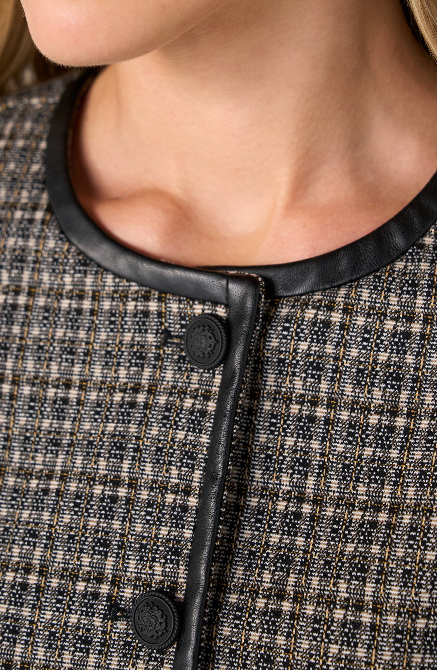 Collarless Lady Jacket with  Faux Leather Trim