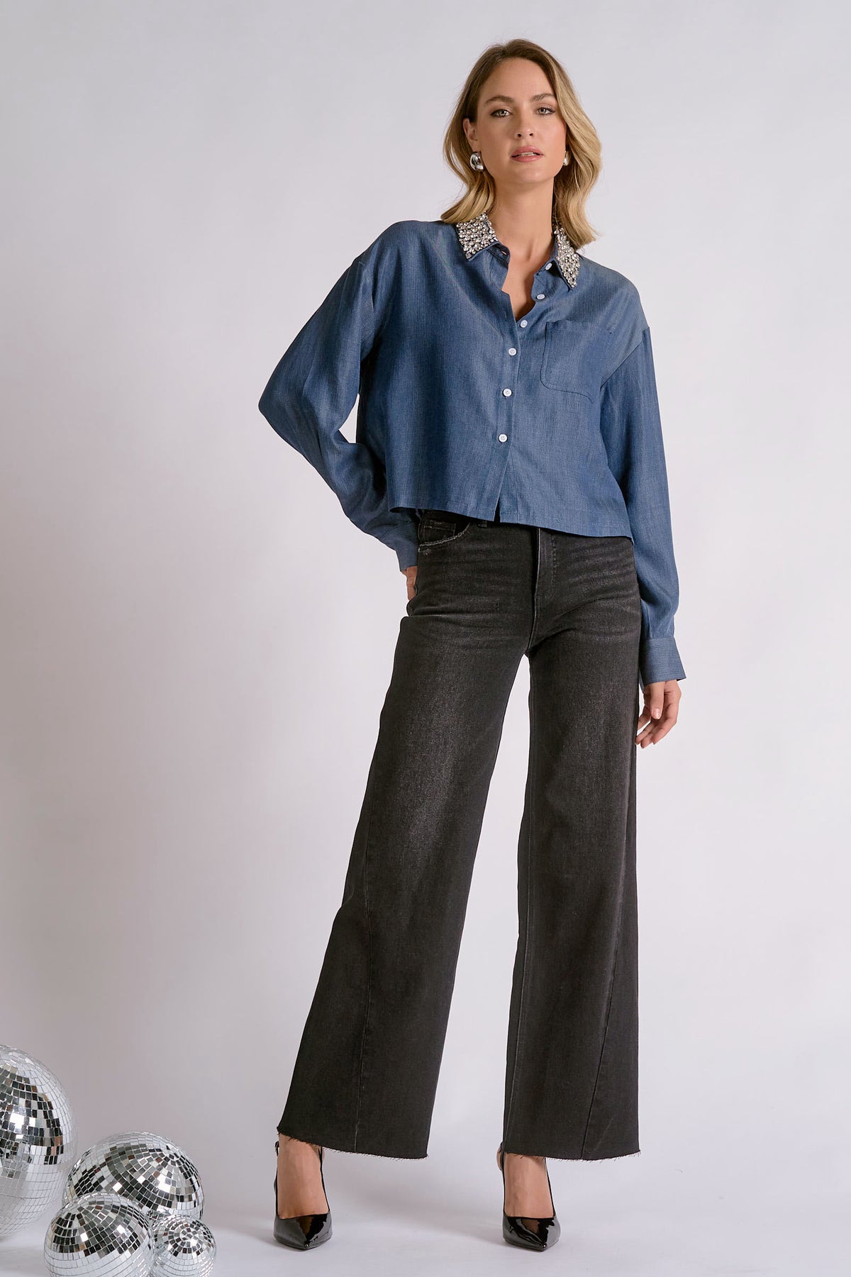 Denim Blouse with Crystal Detail Collar