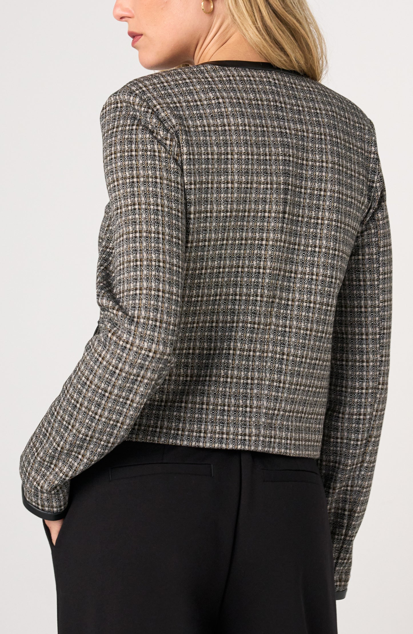 Collarless Lady Jacket with  Faux Leather Trim
