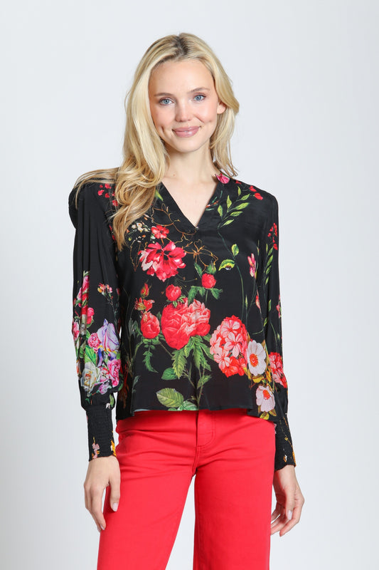Split Neck Top with Smocked Cuffs