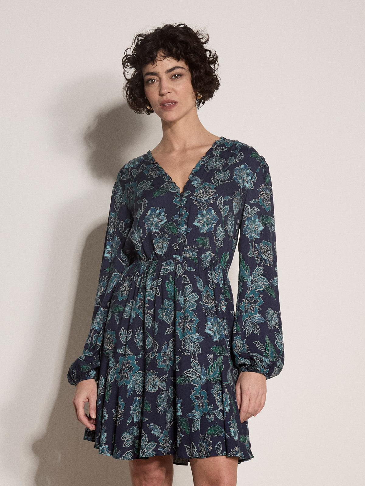 Painterly Ruffle Neck Mini Dress