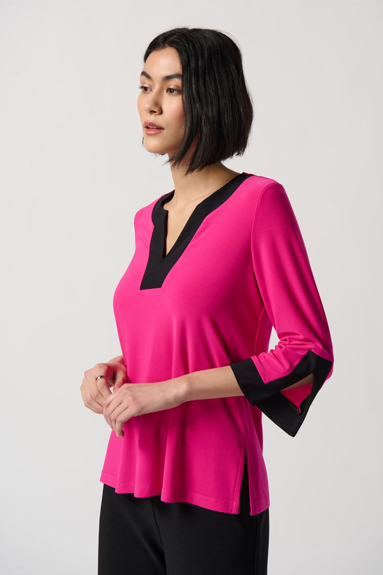 Silky Knit Colorblock Slit Neckline Top