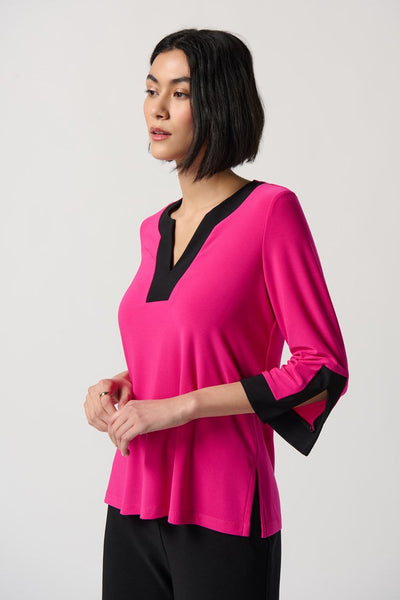 Silky Knit Colorblock Slit Neckline Top