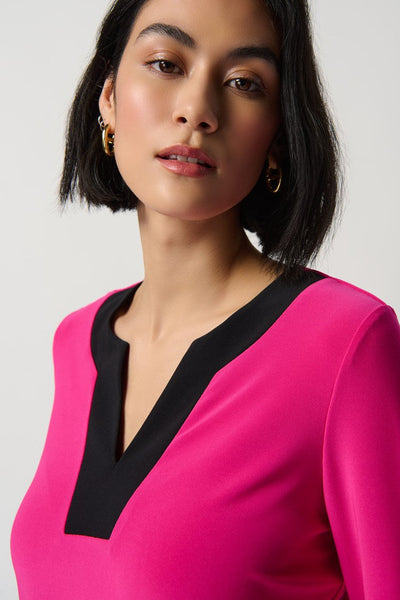 Silky Knit Colorblock Slit Neckline Top