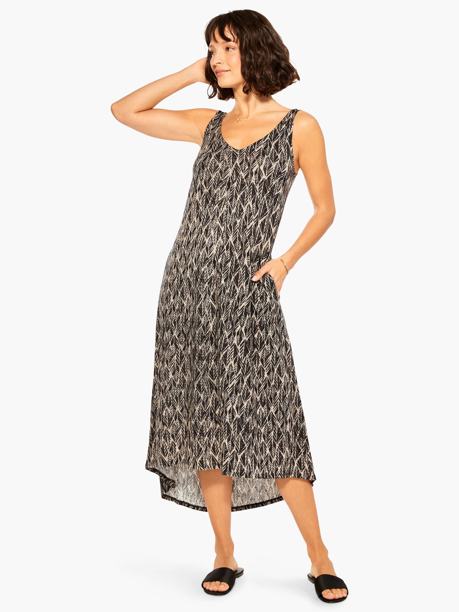 Sketched Leaves Double V Tank Dress