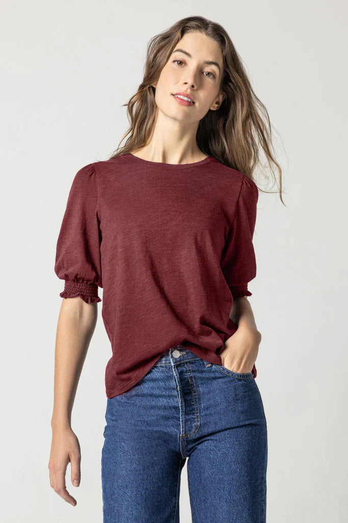 Smocked Cuff Short Sleeve Crew