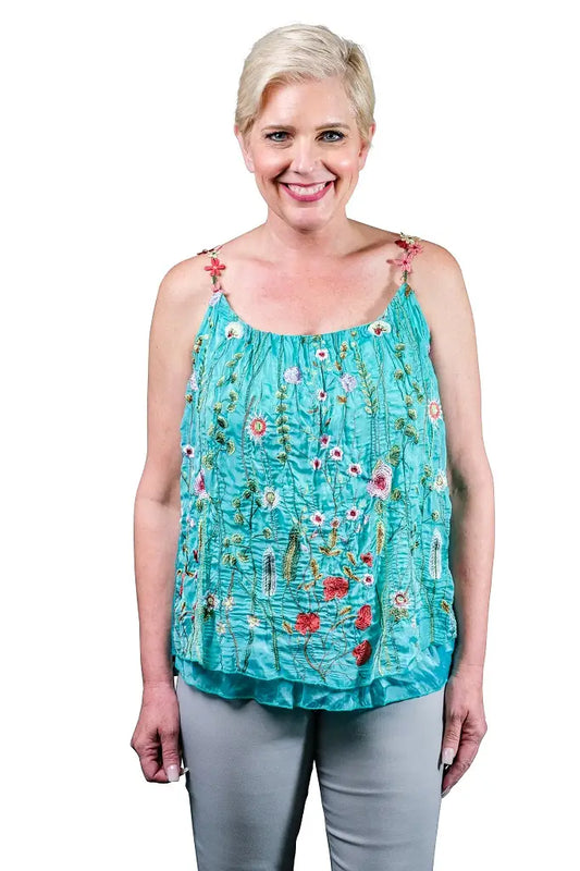 Maria Silk Embroidered Cami-Turq